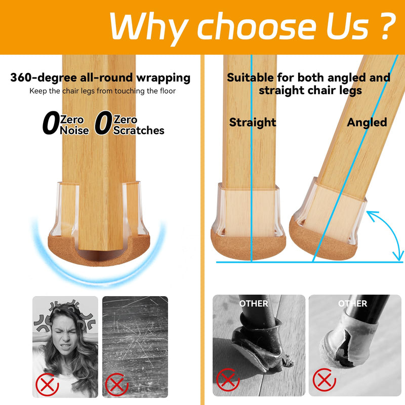 24pcs Chair Leg Floor Protectors for Hardwood Floor |Protect Wood Tile Floors Chair Leg Caps with Wrapped Felt Pads| Anti-Scratch Reduce Noise |Fit Angled Chair Legs| Clear Square M Fit:0.8"-1.0" 24pcs Clear Square-M (0.8-1.0inch)