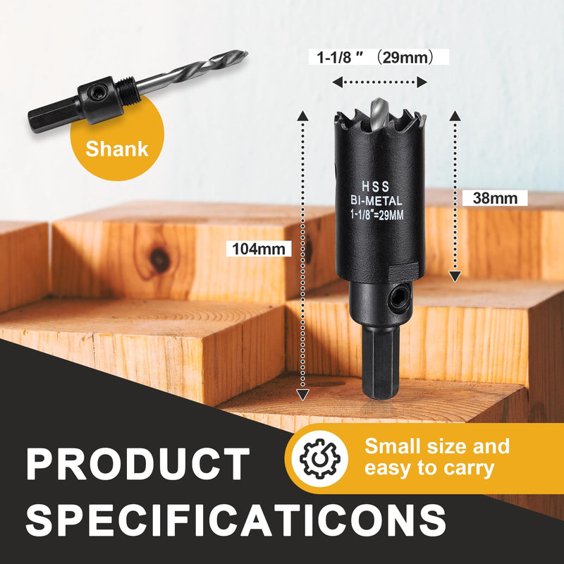 1 1/8 inch Hole Saw Drill Bit for Metal and Wood, M42 Bi-Metal Hole Cutter with 1.5” Cutting Depth for Plywood, Fiberglass, Acrylic, Drywall and Sheet Steel Frosted Black 1-1/8"(29mm)