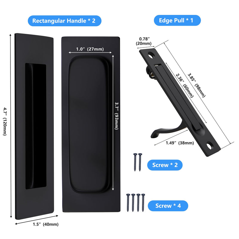 Dontay Pocket Door Pull Handle, 304 Stainless Steel, Rectangle Recessed Flush Finger Pulls&Edge Spring Pull,No Lock,Hardware Set for More Than 1-1/8” Thickness Sliding Door(Matte Black,4.7'') 4.72 inch (120 mm) 1Pack Matte Black