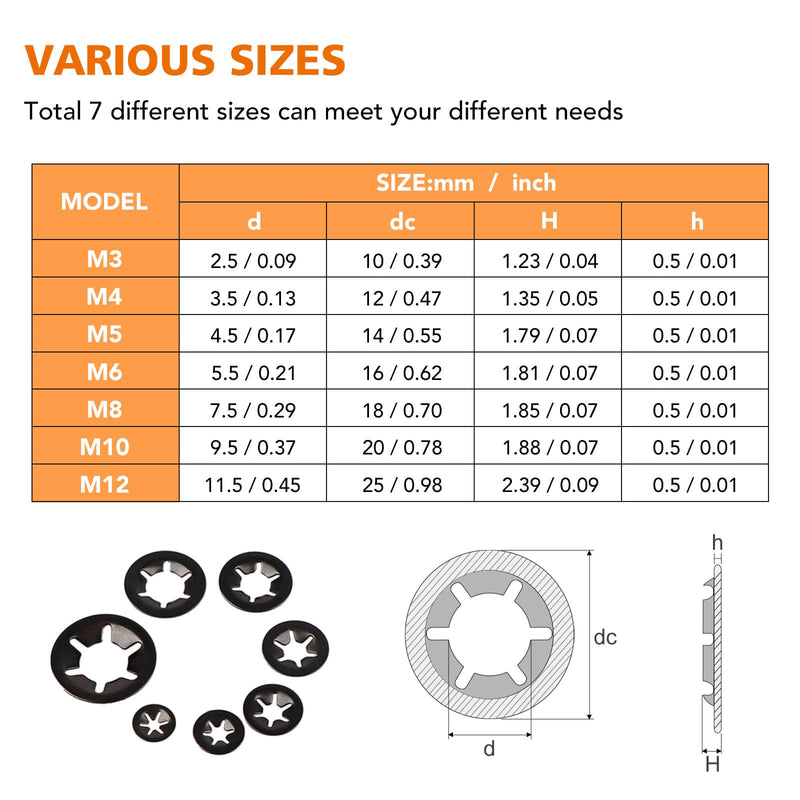 350Pcs Internal Tooth Star Lock Washers M3/M4/M5/M6/M8/M10/M12 Push On Speed Clips Fasteners Assortment Kit (Black) Black