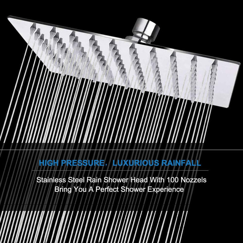 Rain Shower head, NearMoon High Flow Stainless Steel Square Rainfall ShowerHead, High Pressure Design, Awesome Shower Experience Even At Low Water Flow (8 Inch, Chrome Finish) 8 Inch