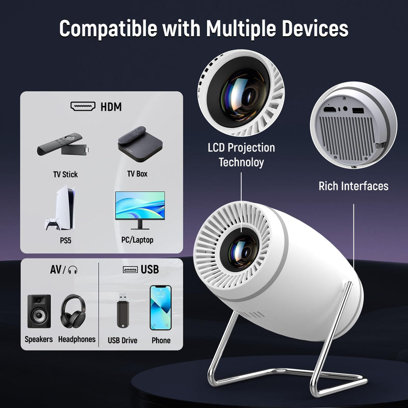 Mini Projector, Projector with WiFi and Bluetooth, 4K 1080P Support Portable Projector 180° Rotatable 130'' Screen Movie Projector Auto Keystone Compatible with HDMI/USB/TV Stick/Smartphone/Laptop White