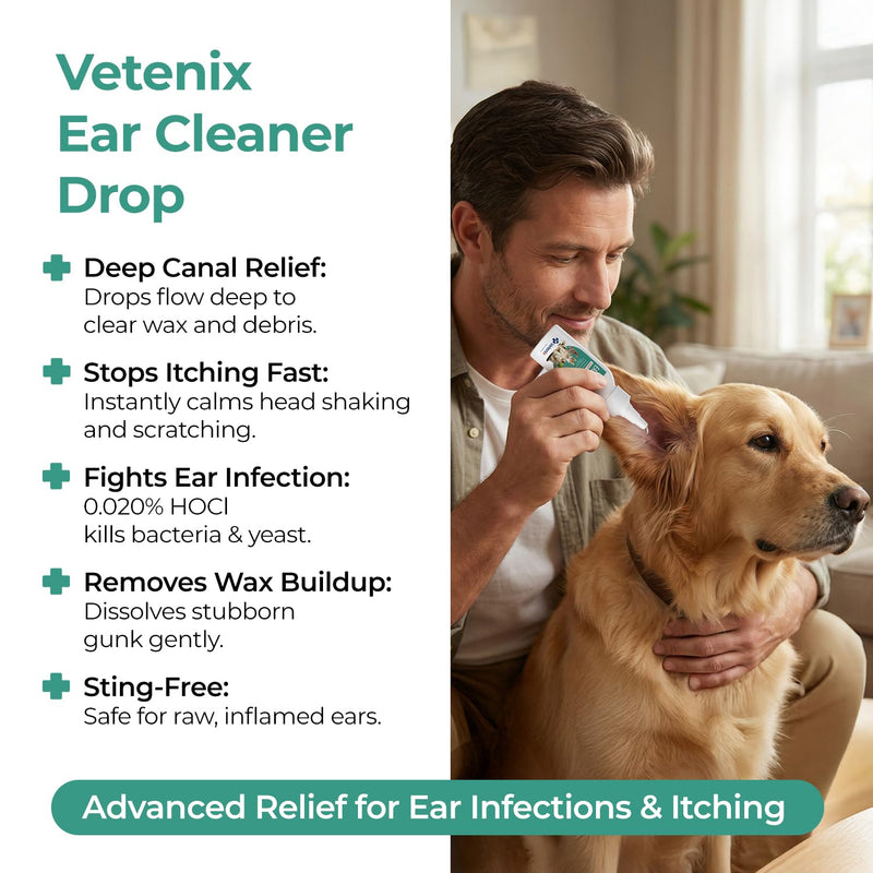 Ear Drops for Pets - Cleans and Removes Wax Build-Up and Irritants for Dogs and Cats - Relieves Itching and Redness with Pure Hypochlorous - 3,38 oz