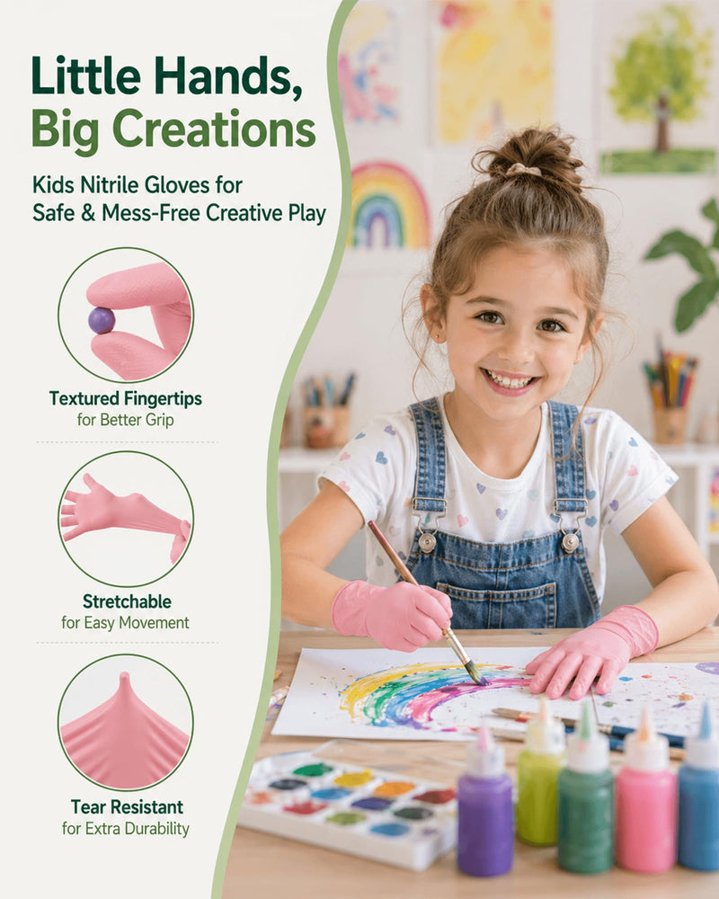 TREEGO Pink Kids Nitrile Gloves, 5 Mil, Latex Free, XS, 100 Count Pink 100 X-Small