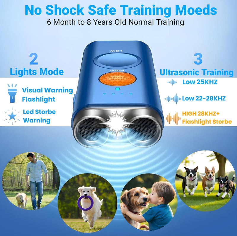 Dog Bark Deterrent Device 3 in 1 Ultrasonic Anti Barking Device with Dual Emitters 50ft Range Rechargeable Portable Training Tool with 2X Power Safe Bark Control for All Breeds Indoor outdoor (BLUE) BLUE
