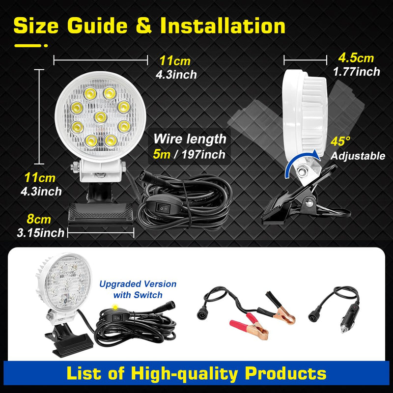 Clip On LED Boat Spotlight with ON/OFF Switch, Super Bright 12V Headlights Marine Spot Light for Boats Night Fishing, Battery Clamps/Cigarette Lighter Power Boat docking lights for Kayak Camp Truck RV Clip On Light with Switch