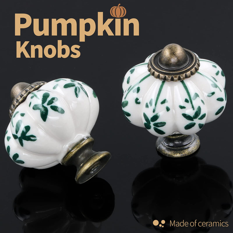 Ivory & Green Ceramic Knobs 12 Pack - Pumpkin Cabinet Knobs Retro Dresser Knobs - Vintage Drawer Pulls with Screws for Closet Drawer Cupboard Cabinet and DIY Home Project Green Flower