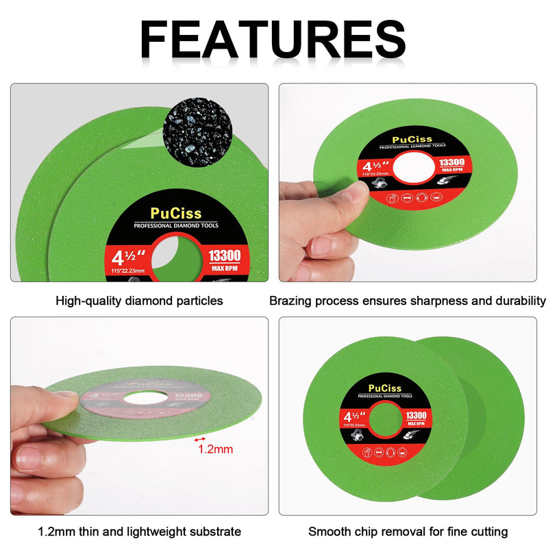 4-1/2 Inch Glass Cutting Disc for Angle Grinders, Diamond Saw Blades Wheel Multi-Material for Grinding Ceramic, Crystal, Tile, Wine Bottle, 7/8" Arbor - 5 Pack. 4-1/2"