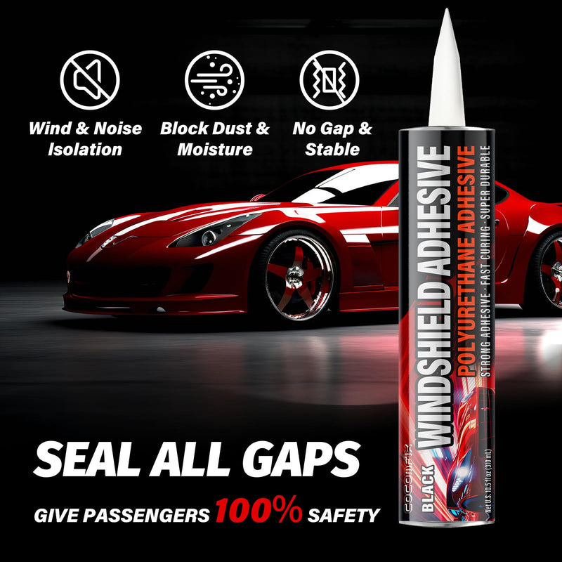 Polyurethane Windshield Adhesive, Fast Cure & Weather Resistant Windshield Sealant, High Bond Strength & Non-Sag Fit Vertical Application, Kit with Gloves, Tip Applicator & Adhesive, 310ml (Black)
