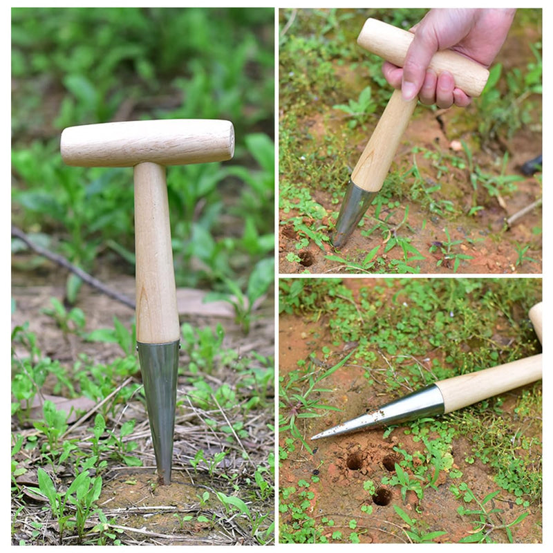 Hand Dibber, Stainless Steel Sow Dibbler with Wood Handle, Garden Hole Punch Dibbler Tool for Planting Seeds & Bulbs, Hand Held Bulb Planter for Planting Flowers Tulips, Daffodils, Dahlias Log