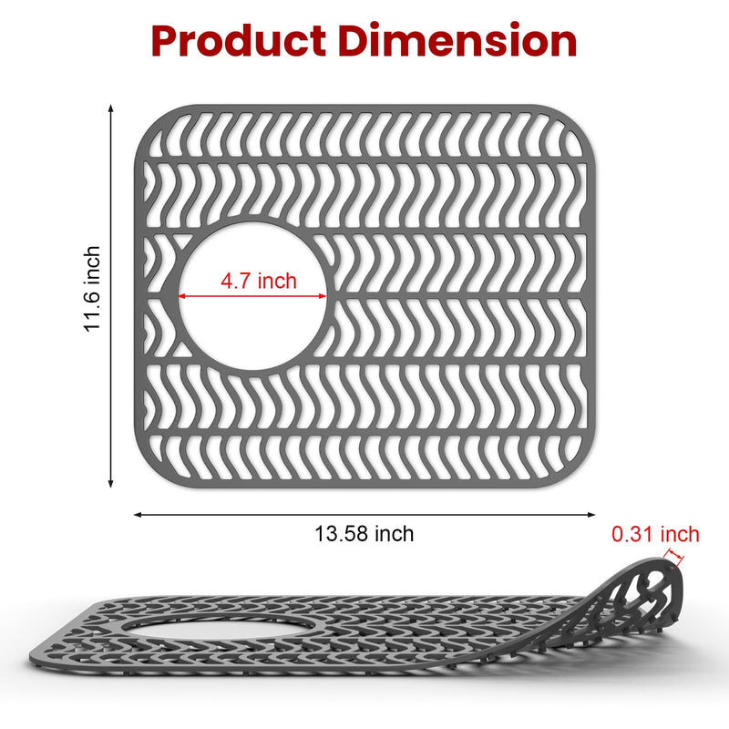 Kitchen Sink Mats, TOOVEM 2PCS Non-Slip Heat Resistant Silicone Sink Mats Protectors Kitchen Sink Mat for Bottom of Farmhouse Stainless Steel Porcelain, 13.58 x 11.6 Inch Gray
