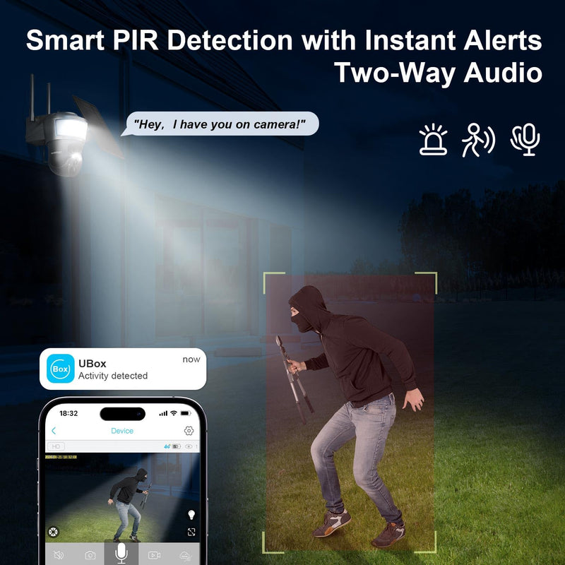 4G LTE Cellular Security Camera Wireless Outdoor, No WiFi Security Cameras Solar Powered, PIR Detection, 360°Cameras for Home Security with Floodlight, 2K Color Night Vision, Built-in SIM Card 4G Solar Camera with Floodlight