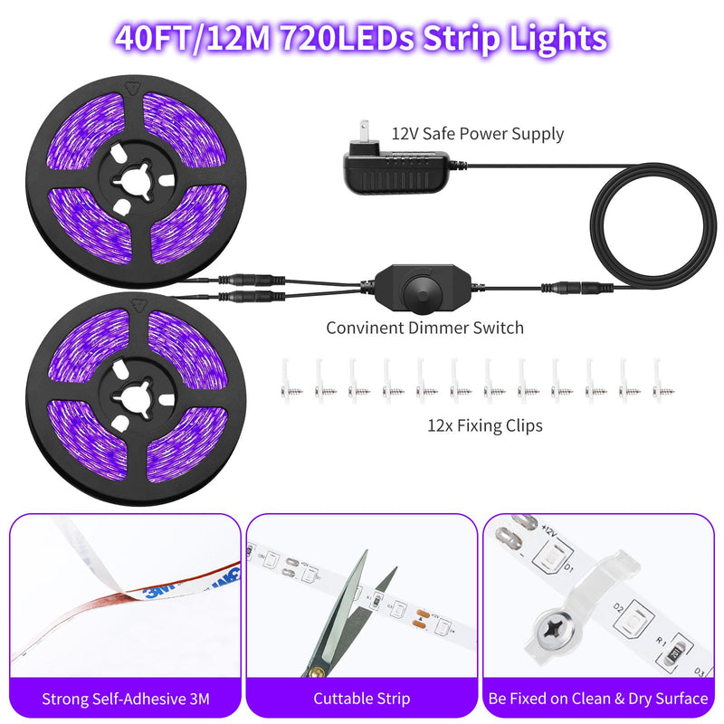 Dimmable Black Light Strip Kit 40ft/12M 720 LEDs, 12V Flexible Blacklight Fixtures, 385nm-400nm, Black Light LED Strips for Glow Party Fluorescent Poster Halloween Indoor Bedroom Decor, Non-Waterproof Dimmable-40ft/12M
