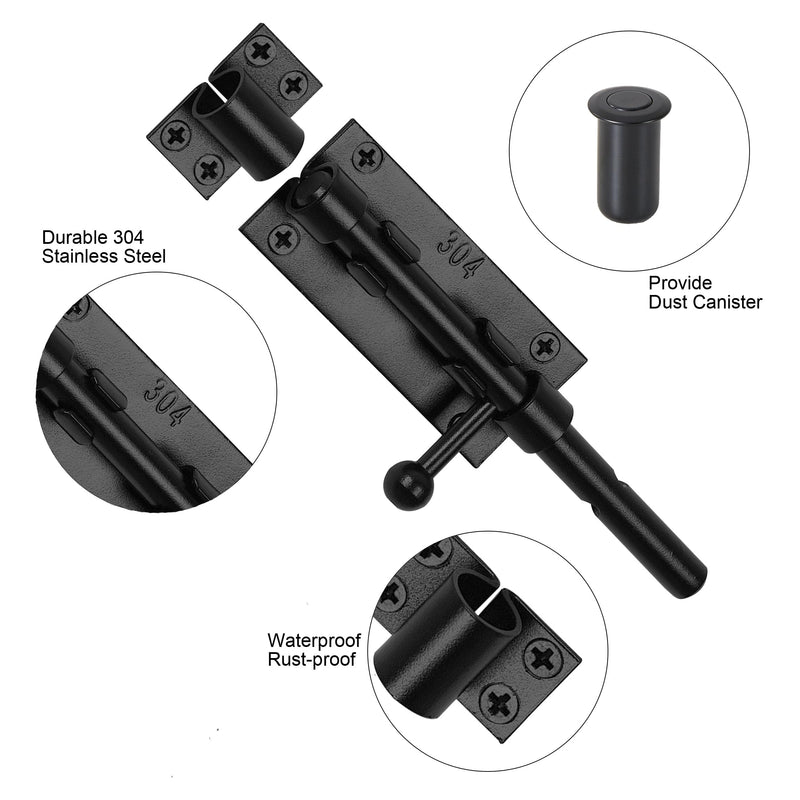 Barrel Bolt Latch Slide Bolt Latch Hardware 6.3 Inch Black Heavy Duty Gate Lock Solid 304 Stainless Steel Slide Lock for Outdoor Fence Wooden Gates Barn Door Cabinet Drawer Window(2 Pack) Black 2 Pack