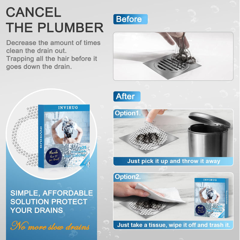 INVIHUG, 25 Pack, Disposable Shower Drain Hair Catcher Mesh Stickers, Disposable Hair Drain Catcher. (White) White 3.5inch-25