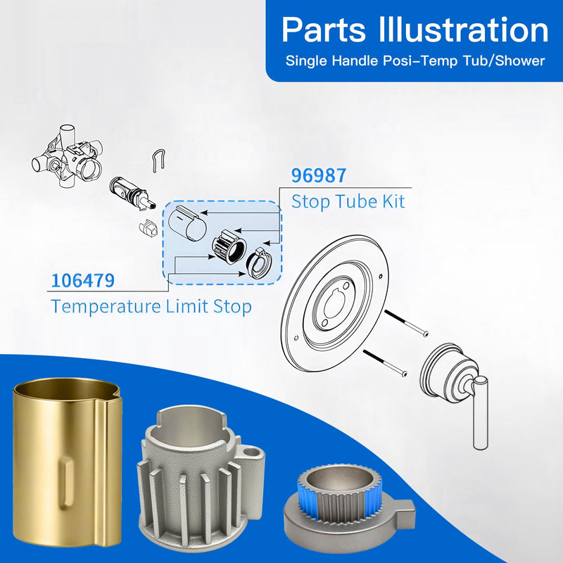 Stop Tube and Temperature Limit Stop Kit Replacement for 96987, Compatible with Moen Posi-Temp 1 Handle Tub/Shower Faucet Valve Cartridge,Brushed Gold