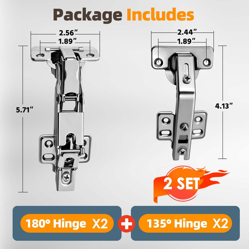 Lazy Susan Hinges 135° & 180° Soft Close for Corner Cabinet, Full Overlay, 2 x 180° + 2 x 135° Hinges, Kitchen Bifold Hardware with Silent Damper, Pie Cut Solution