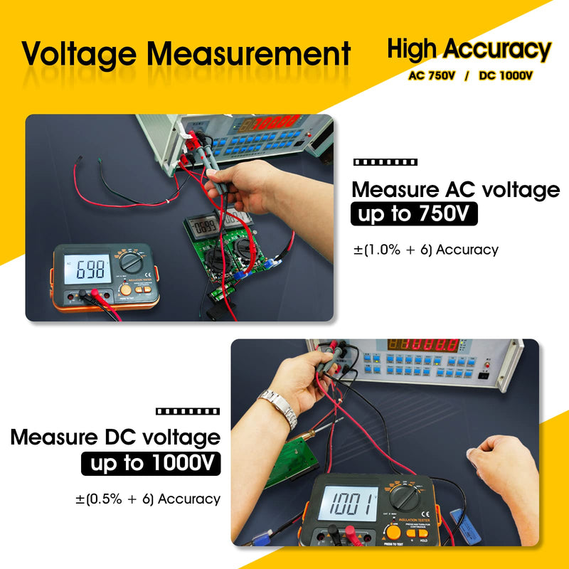 BTMETER Megohmmeter 1000V Insulation Resistance Tester, Electrical Megaohm Meter 200MΩ~2K Megohm Megger with 250V/500V/1000V Testing Voltage, Digital Multimeter Measure AC DC Voltage BT-VC60B (0.1MΩ~2GΩ)