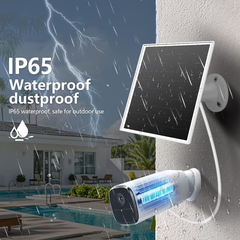 6W Solar Panel for Outdoor Security Camera with Micro USB & USB - C Port, Solar Panel Charger for Battery Camera，Fits Wyze/Reolink DC 5V Output, IP65/360° Adjustable, 9.8ft Cable, Fast Charging white-1Pack