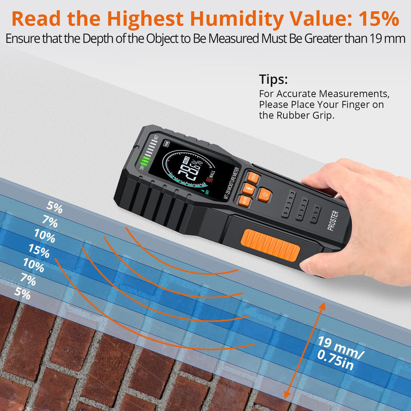 Proster Pinless Wood Moisture Meter - Non Destructive Moisture Tester for Wood Wallboard Masonry, Detect up to 3/4 Inch Below Surface, Backlit Color LCD, Visual Audible Alarm BLACK