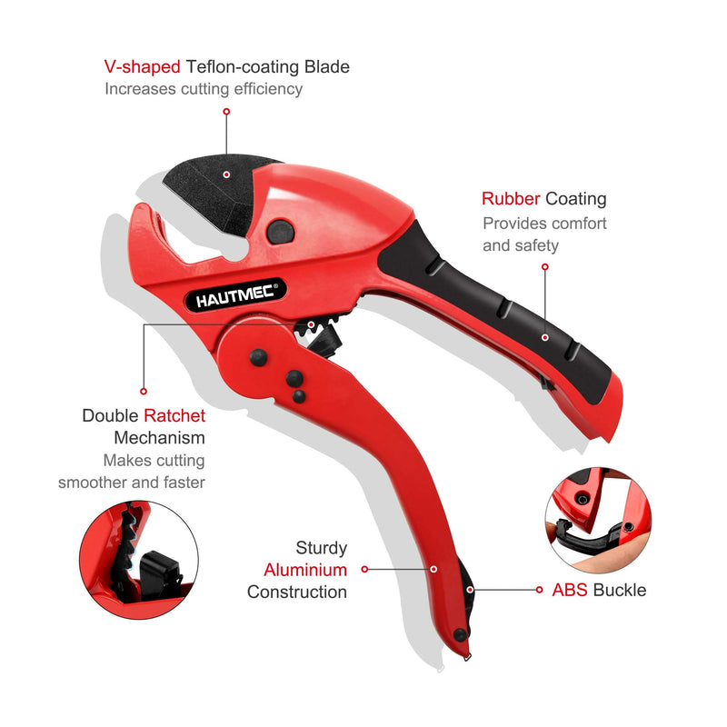 HAUTMEC PVC Pipe Cutter Tool Multifunction Ratchet-type Tube and PVC Cutters One-hand Fast Pipe Cutting Tool for Cutting Up to 1-5/8 inch 3-in-1 Tubes Wire and Trunking cutter HT0257-TC Multifunction Cutter