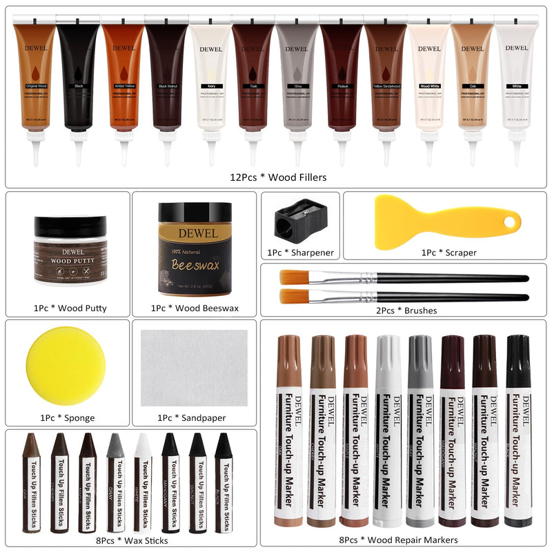 DEWEL Wood Furniture Repair Kit, New Upgrade Wood Fillers, Furniture Touch Up Markers, Wax Sticks, Wood Putty with Beeswax for Cracks, Wood Hole, Scratches, Floor, Table, Door 12+8+8