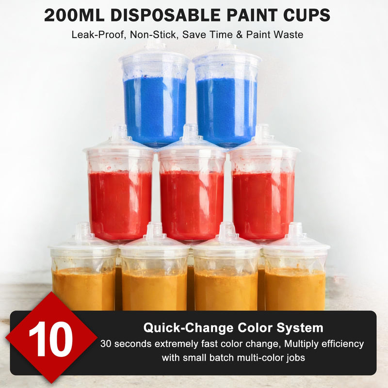 Mini HVLP Spray Gun with 0.8/1.0 mm Nozzles and 10x 200ML Disposable Paint Cups, Automotive Paint Gun Touch UP Paint Sprayer Gun, Air Paints Gun for Auto Paint, Primer, Repair Detail Black2