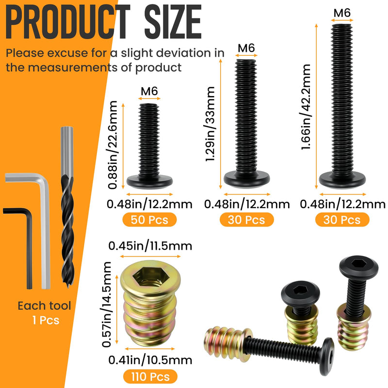 110 Sets M6 Threaded Inserts for Wood | 3 Sizes Inserts (M6x25/32, M6x1-3/16, M6x1-9/16) + M6x19/32 Screw-in Nuts | Drill Bit & 2 Wrenches | for Wooden Projects 110 Sets, 3 Sizes