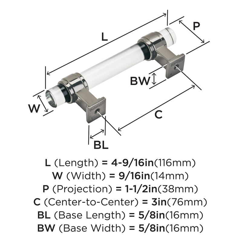 Amerock | Cabinet Pull | Clear/Gunmetal | 3 inch (76 mm) Center to Center | Glacio | 1 Pack | Drawer Pull | Drawer Handle | Cabinet Hardware 3 in (76 mm) Center-to-Center