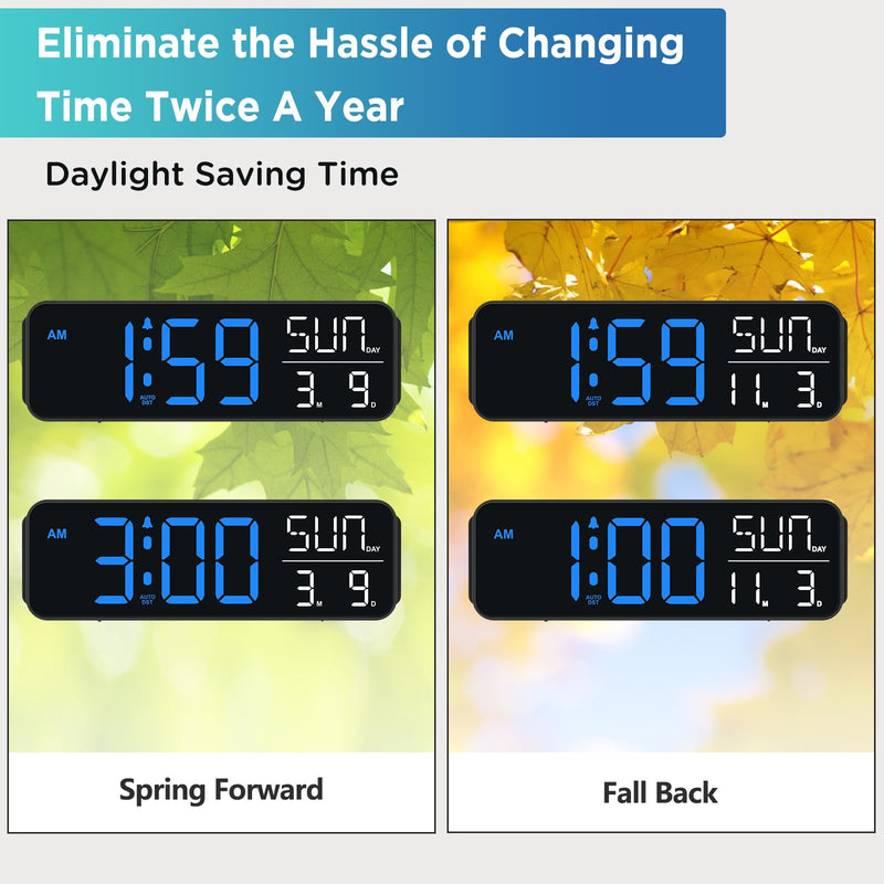 Peakeep Large Display Digital Alarm Clock for Bedrooms, Date Day of Week Calendar Desk Table Clocks for Living Room Office, Dimmable Plug in Electric Clock, 5 Volumes, Loud, Auto DST Blue and White