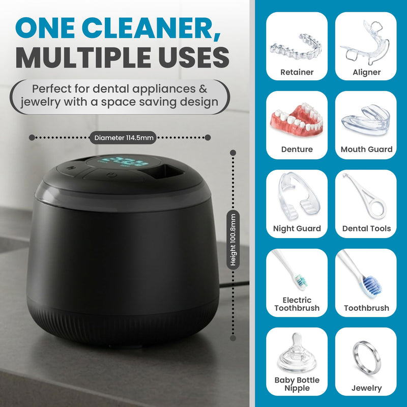 Jetfresh Ultrasonic Retainer Cleaner Machine | Dental Pod Cleaner with 48kHz Frequency | UV Dental Cleaning Pod for Aligners, Dentures, Mouth Guards, Braces & Jewelry 4 Modes, Digital Timer, 200ML BLACK
