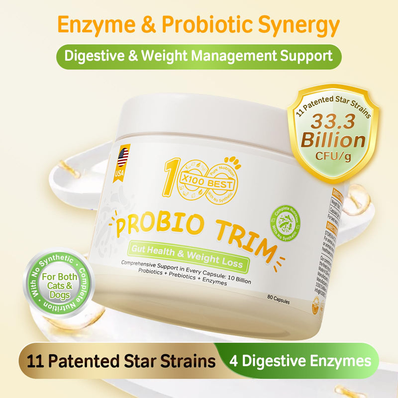 Probiotics for Dogs & Cats - 33.3B CFU, 11 Patented Strains & 4 Digestive Enzymes - Digestive & Gut Health, Immune Support, Cholesterol Metabolism & Weight Management - 80 Capsules