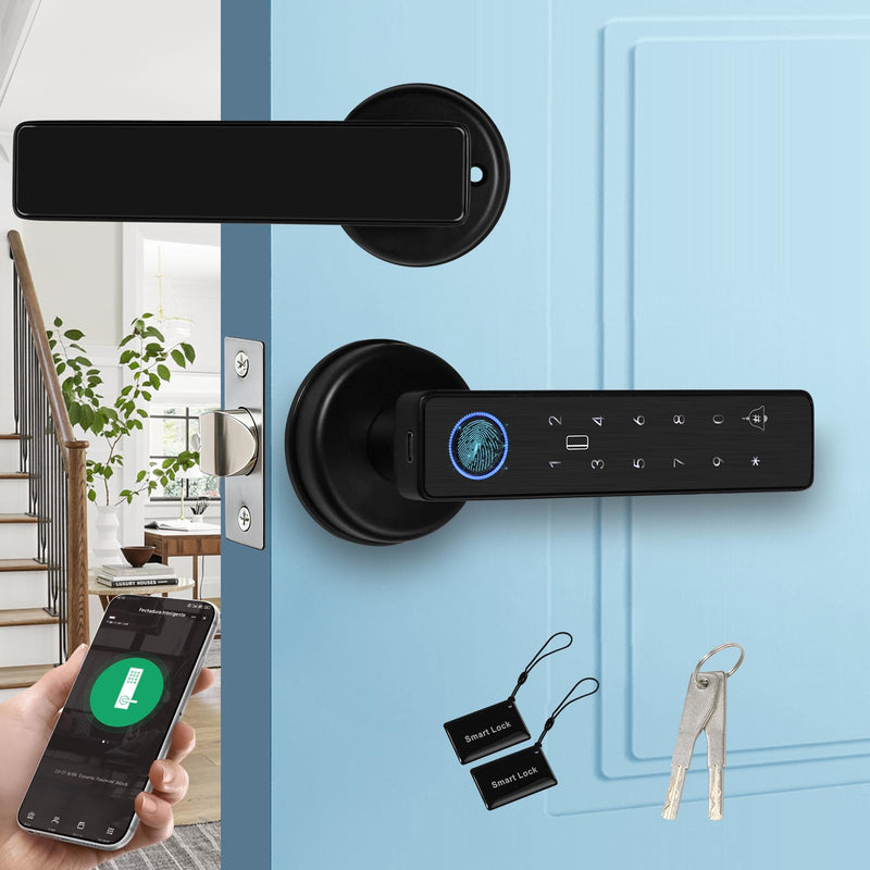Smart Door Lock 5-in-1 Door Handle Electronic Keypad Supports Password APP IC Card Fingerprint Key Biometric Digital Smart Door Lock Suitable for Home Office and Apartment