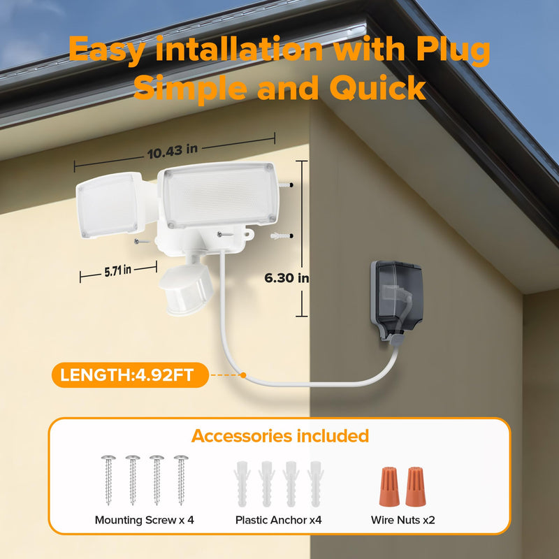 LUTEC 21W Plug in Motion Sensor Light Outdoor, Flood Lights Outdoor Motion Sensor,2500LM, 5000K Daylight,IP65 Waterproof,Adjustable 2 Heads Wall Light for Garage, Porch, Yard - White 1 Pack