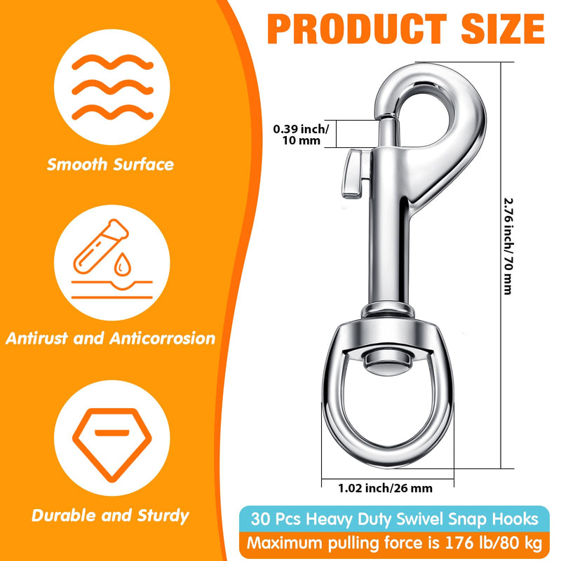 Therwen Swivel Snap Hooks for Dog Leash Heavy Duty 2.76 Inch Flag Hooks Clasp Single Ended Clip Hooks Multipurpose Bolt Snap for Keychain Camera Strap Linking Pet Leash (30) 30