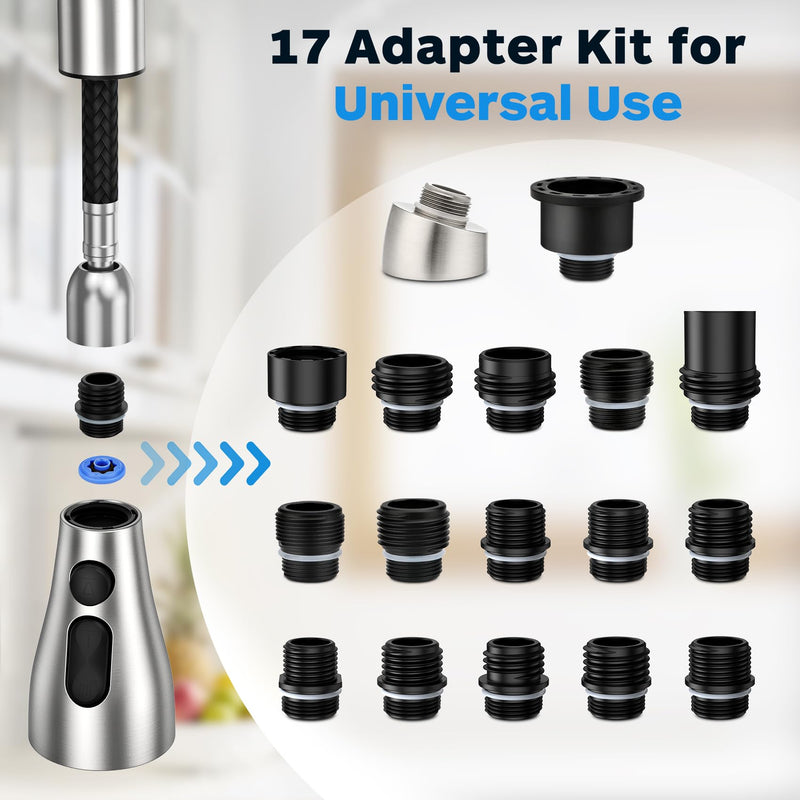 Kitchen Faucet Head Replacement 3 Modes with 17 Adapters, Pull Down Spray Head for Kitchen Faucet, Kitchen Sink Faucet Head G 1/2, Sprayer Head Replacement, Compatible with Moen，Delta, Kohler Faucets Brushed Nickel with 17 Adapters