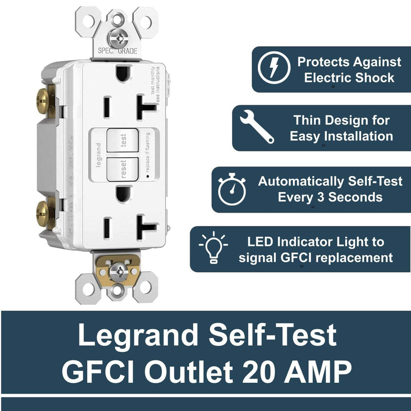 Legrand Radiant 20 Amp GFCI Self-Test Tamper Resistant Decorator Duplex Electrical Outlet, For Home Safety, 2097TRW3PKCC4, White, 3 Pack