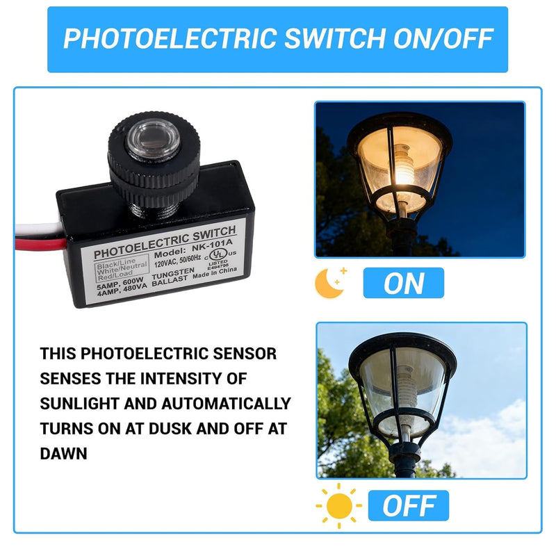 4PCS Photocell Light Control Sensor 105V-130V AC, Dusk to Dawn Auto On/Off Photoelectric Switch, Outdoor Waterproof Photocell Sensor for Outdoor Lighting, 50/60Hz 4pcs
