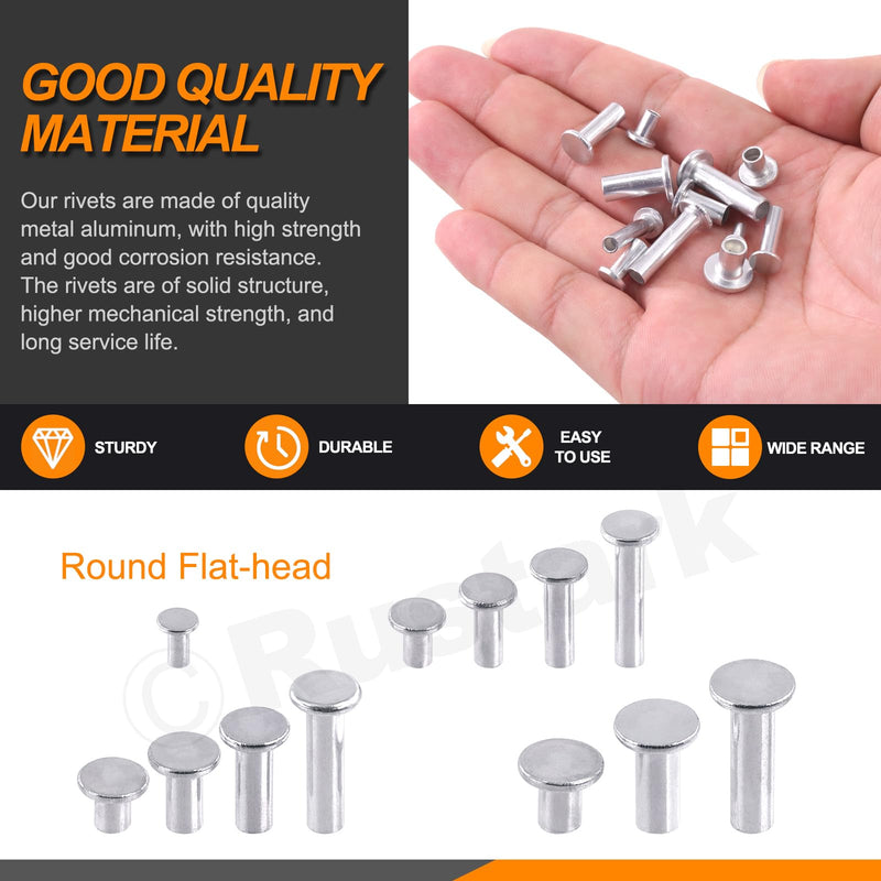 390Pcs M3 M4 M5 M6 Aluminum Flat Head Semi Tubular Rivets Assortment Kit Partial Hole Tubular Rivets Round Flat Head Semi Tubular Rivets Silver Tone for Household Industry Repair