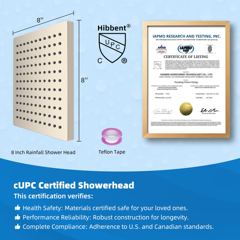 Hibbent cUCPC Certified Metal Shower Head, 8'' High Pressure Rainfall Shower Head, Bathroom Waterfall Shower Heads, High Flow Fixed Showerheads with Adjustable Brass Ball Joint, Brushed Nickel Square 8''
