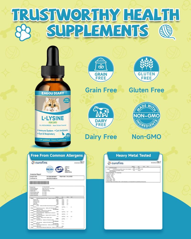 Cat & Dog Ear Cleaner - Gentle Cat & Dog Ear Cleaning Solution - L-Lysine for Cats,Lysine Drops Immune Support Supplement