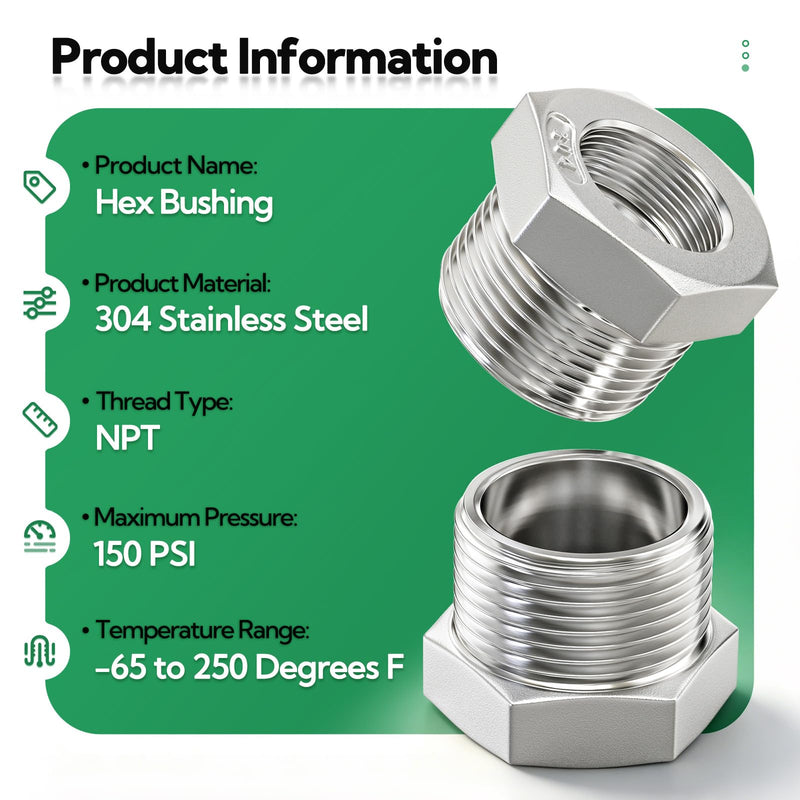 TAISHER 24PCS 304 Stainless Steel Reducer Hex Bushing Fitting Kit，Thread Pipe Adapter Fitting Assorted 24