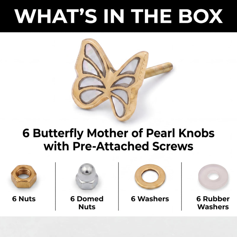 Indian Shelf 6 Pieces Butterfly Cabinet Knobs Handmade Brass Mother of Pearl Inlay Gold Finish Decorative Dresser Pulls for Kids Nursery Wardrobe Cupboard Vanity Drawer Furniture Hardware