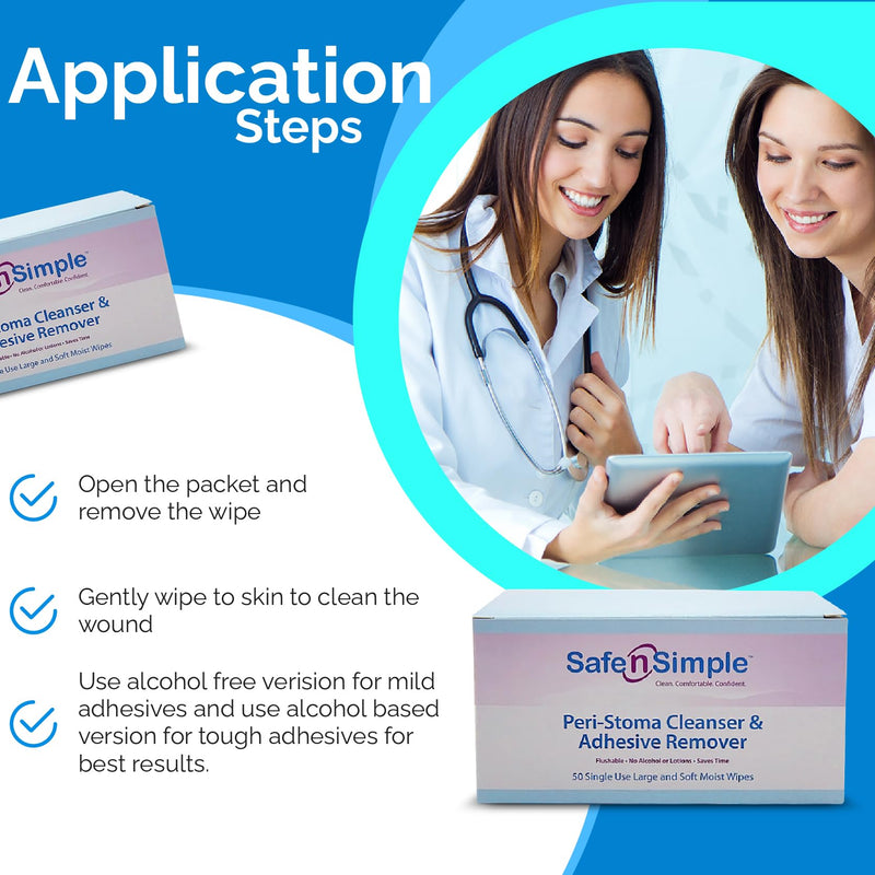 Safe n' Simple Adhesive Remover for Skin - 5"x7" 50 Wipes - Stoma Adhesive Remover Wipes - Alcohol Free Wipes for Sensitive Skin - No Sting Adhesive Remover Wipes 50 Count (Pack of 1) Alcohol-Free