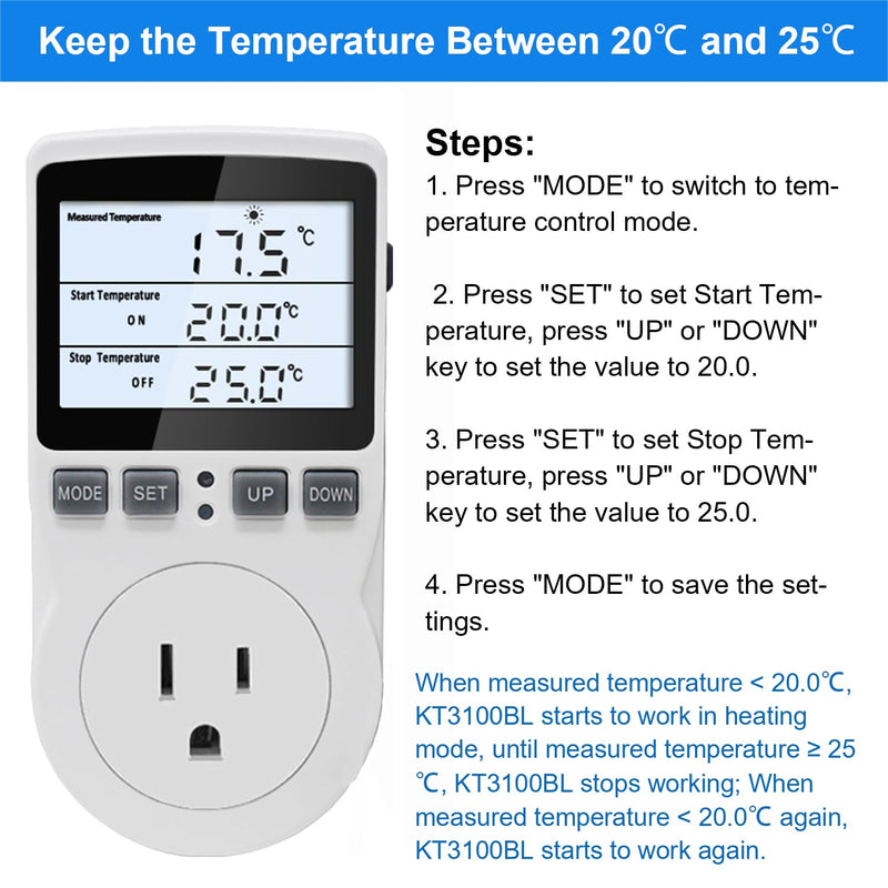 KETOTEK Digital Temperature Controller Thermostat Outlet Plug 120V with LCD Backlight, Heating Cooling Temperature Controlled Outlet 110V 15A with 3m Sensor Backlit Style