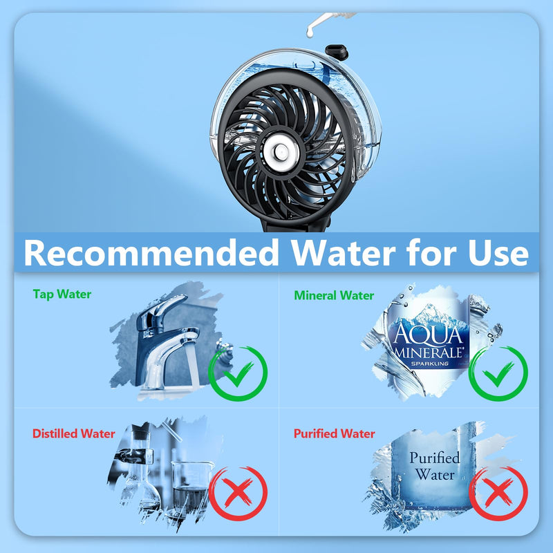 6000mAh Portable Handheld Misting Fan as Backup Power, 50ml XL Water Tank, 20H Runtime 3 Speeds, 180° Foldable Rechargeable Mist Fan for Travel, Outdoors, Makeup - Black