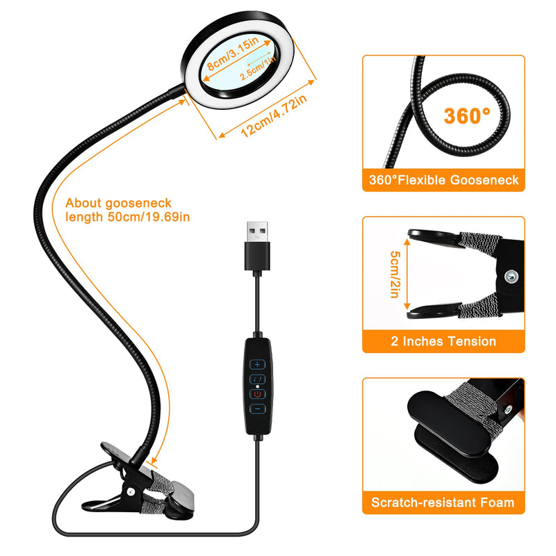 20X/10X Dual-lens Magnifying Glass with Light and Timer, Combination Lens Magnifier with Light, 3 Color Modes, 2 in 1 Magnifying Desk Lamp for Craft Hobby Painting Sewing Close Work(No Adapter) Black 120mm-NoAdapter