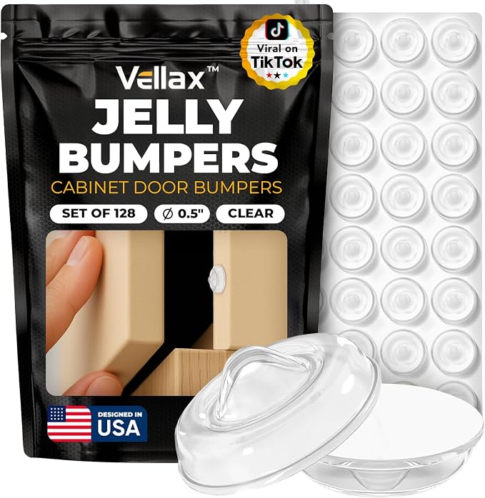 Vellax Cabinet Bumpers Clear Silicone - 128 Pcs, Self-Adhesive Cabinet Door Bumper for Enhanced Sound Dampening, Drawer Stops, Kitchen Furniture, Wall Protection, Décor Crown