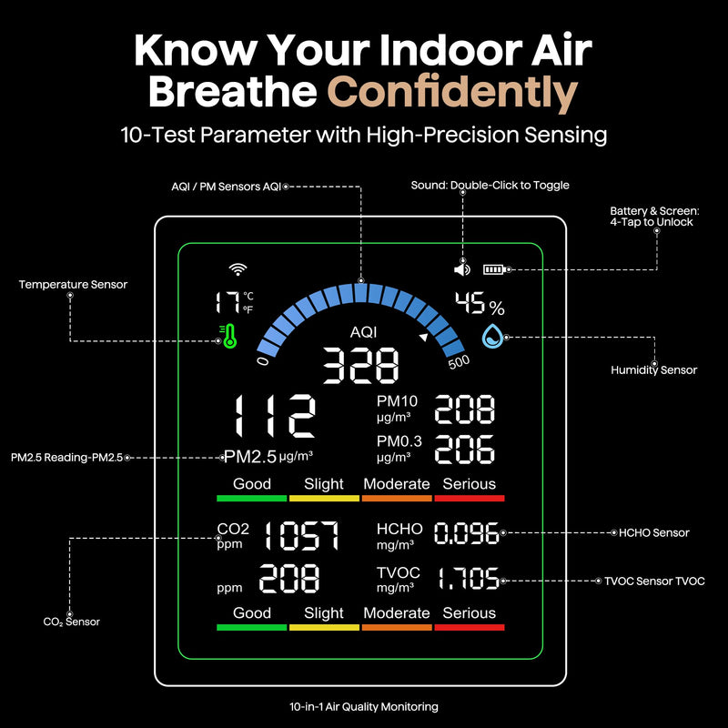 Air Quality Monitor Indoor, 10 in 1 Portable Smart Air Quality Tester for CO2 | TVOC | HCHO | Temp | AQI | PM0.3-1 Detection Suitable for Home, Cars, Plants, Pets and Hotels -Black Black