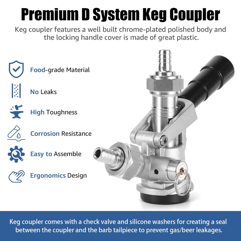All 304 Stainless Steel Keg Coupler - Sankey D System Beer Keg Tap Dispenser for ID 5/16" Beer Line CO2 Tubing, Kegerator Tap with 2 Hose Clamp, Kegerator Replacement Parts, Kegerator Accessories All Stainless Steel